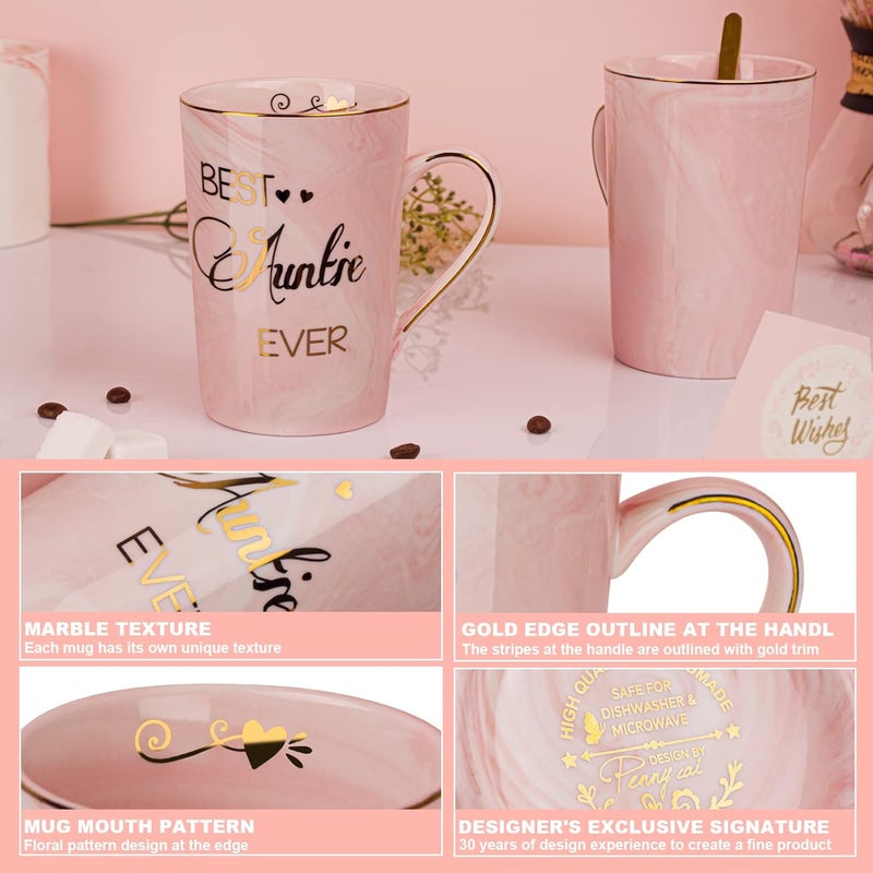 Doublewhale Aunt Gifts from Niece, Nephew - Best Aunt Ever Gift Mug - Happy Christmas Birthday Mothers Day Gifts for Auntie - Marble Ceramic Auntie Coffee Mug Gifts Box Printed Gold 14 Oz Pink - Image 3